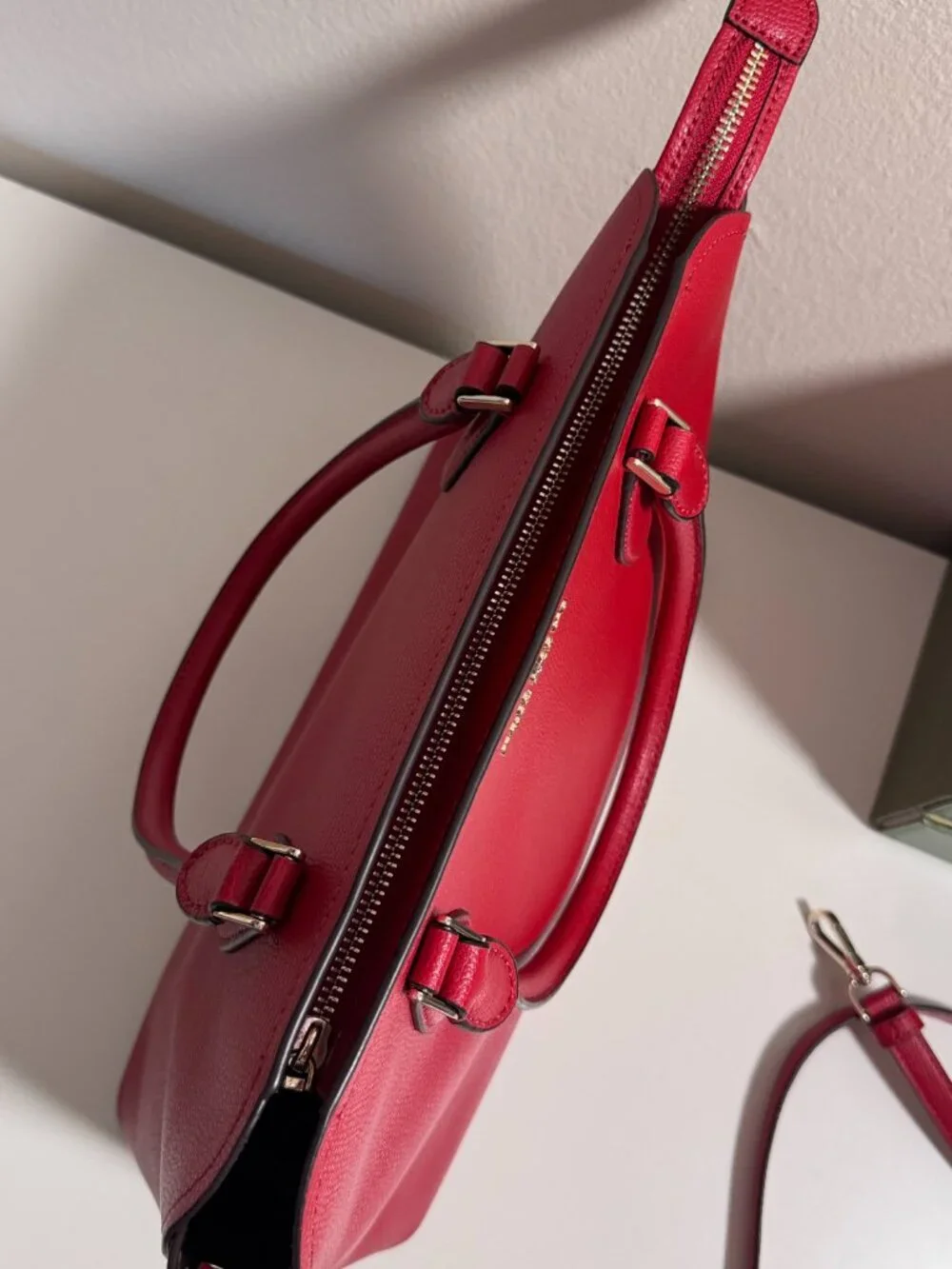 Kate Spade Red Pebbled Leather Satchel Handbag with Detachable Crossbody Strap